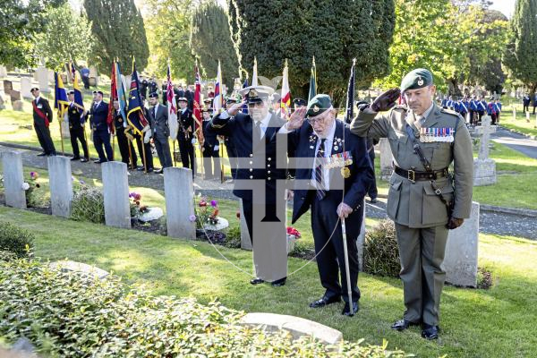 Picture by Peter Frankland. 28-09-25 HMS Charybdis and HMS Limbourne memorial service at Le Foulon Cemetery. L-R - Lt Tony Browning of Guernsey Sea Cadets, John Eskdale, a Royal Marine who was aboard HMS Charybdis when she was sunk by German torpedoes on October 23, 1943 and Major Chris Kedward.