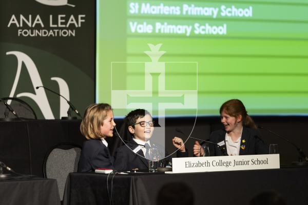 Picture by Sophie Rabey.  03-03-26.  Year 6 de Putron Challenge at Beau Sejour.  Elizabeth College Junior School won the competition and will be representing the island in Jersey in a few weeks time.
L-R Sam Turville (10), Angus Essa (10) and Florrie O'Driscoll (11).
Moment they answered the correct winning question.