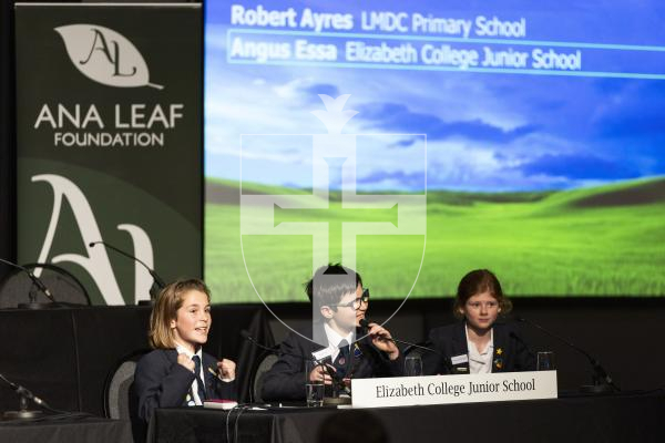 Picture by Sophie Rabey.  03-03-26.  Year 6 de Putron Challenge at Beau Sejour.  Elizabeth College Junior School won the competition and will be representing the island in Jersey in a few weeks time.
L-R Sam Turville (10), Angus Essa (10) and Florrie O'Driscoll (11).
Moment they answered the correct winning question.