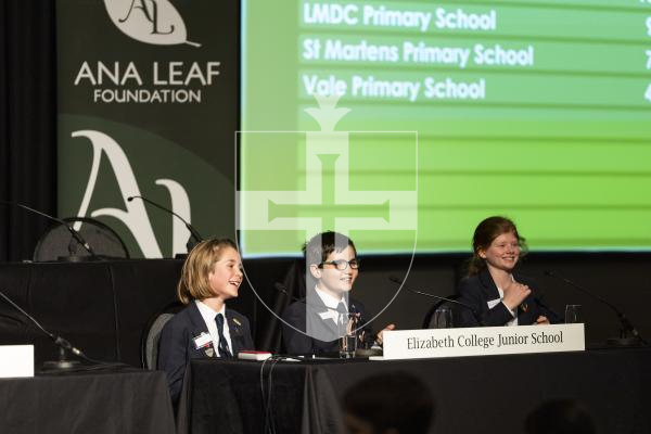 Picture by Sophie Rabey.  03-03-26.  Year 6 de Putron Challenge at Beau Sejour.  Elizabeth College Junior School won the competition and will be representing the island in Jersey in a few weeks time.
L-R Sam Turville (10), Angus Essa (10) and Florrie O'Driscoll (11).
Moment they answered the correct winning question.