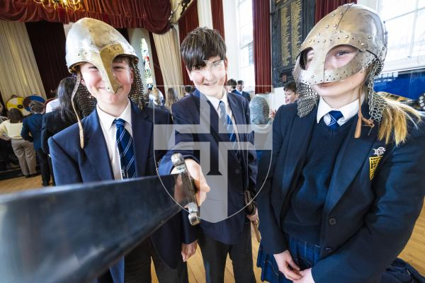 Picture by Peter Frankland. 16-03-26 Re-enactment group Tol Galen visiting Elizabeth College to show them medieval fighting techniques. L-R - Digby Carter, Aaron Le Cheminant and Emilia Le Flem.