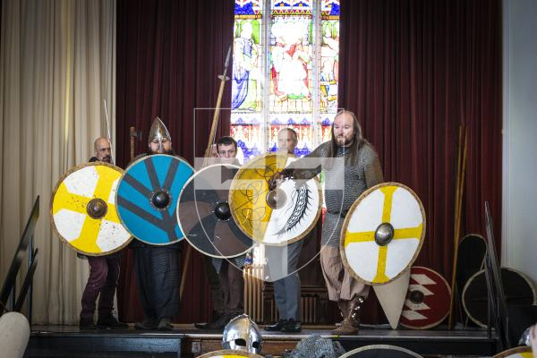 Picture by Peter Frankland. 16-03-26 Re-enactment group Tol Galen visiting Elizabeth College to show them medieval fighting techniques.