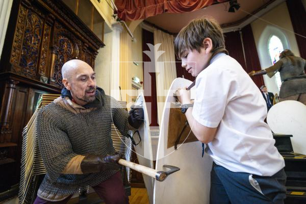 Picture by Peter Frankland. 16-03-26 Re-enactment group Tol Galen visiting Elizabeth College to show them medieval fighting techniques. L-R - J.P. Duquemin and Izak Chan, 12.