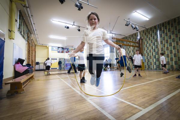 Picture by Peter Frankland. 13-03-26 Fund raising skip-a-thon at St Martin's School to raise funds for the Lihou House. Darcey Le Brun, 8.