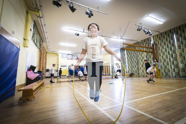 Picture by Peter Frankland. 13-03-26 Fund raising skip-a-thon at St Martin's School to raise funds for the Lihou House. Darcey Le Brun, 8.