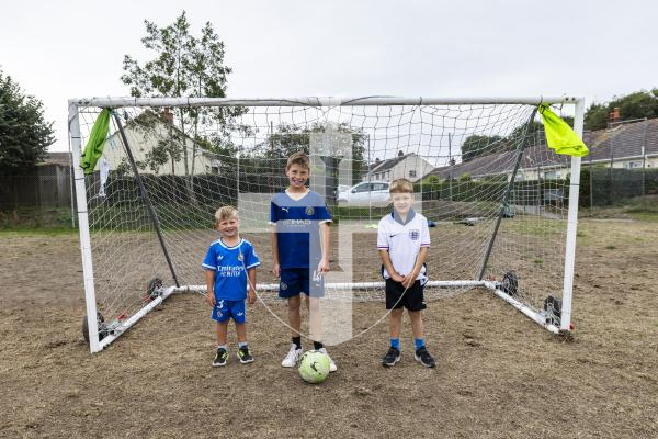 Picture by Sophie Rabey.  02-09-26.  The Sports Commission have managed to get some football goals in the field in St Martins next to Rue Jehannet estate for children to enjoy.  
L-R Carter Williams (4), Parker Williams (10) and Leo Burbridge (6).
