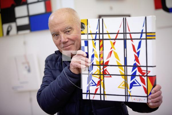 Picture by Peter Frankland. 29-01-24 Piet Mondrian inspired art exhibition at Sula Gallery by Guernsey Art Network. Richard Le Goupillot.