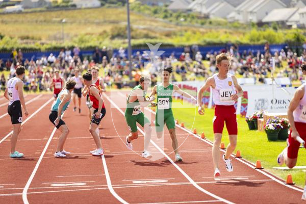 Picture by Sophie Rabey.  18-07-25.  ISLAND GAMES 2025 in Orkney.  
Athletics - Mens 4 x 100m Relay.