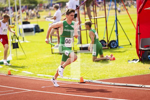 Picture by Sophie Rabey.  18-07-25.  ISLAND GAMES 2025 in Orkney.  
Athletics - Mens 4 x 100m Relay.
