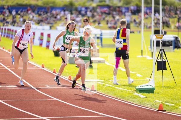 Picture by Sophie Rabey.  18-07-25.  ISLAND GAMES 2025 in Orkney.  Athletics - 4 x 400m Women - Amelia Hart, Darcey Hodgson, Emily Pike and Abi Galpin won Silver.