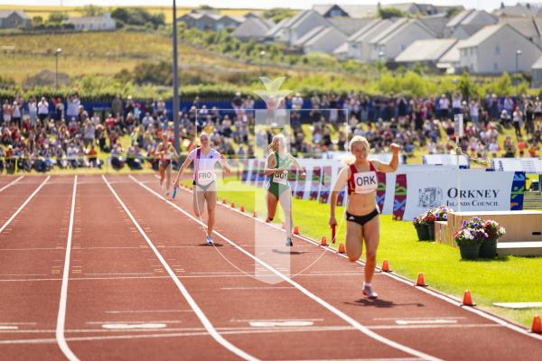 Picture by Sophie Rabey.  18-07-25.  ISLAND GAMES 2025 in Orkney.  Athletics - 4 x 400m Women - Amelia Hart, Darcey Hodgson, Emily Pike and Abi Galpin won Silver.