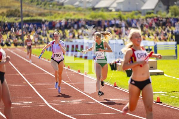 Picture by Sophie Rabey.  18-07-25.  ISLAND GAMES 2025 in Orkney.  Athletics - 4 x 400m Women - Amelia Hart, Darcey Hodgson, Emily Pike and Abi Galpin won Silver.