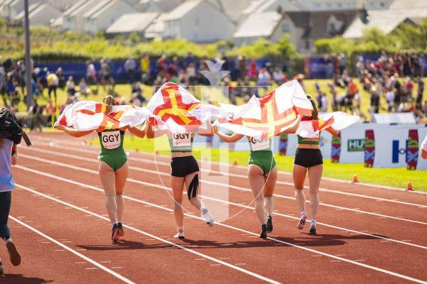 Picture by Sophie Rabey.  18-07-25.  ISLAND GAMES 2025 in Orkney.  Athletics - 4 x 400m Women - Amelia Hart, Darcey Hodgson, Emily Pike and Abi Galpin won Silver.