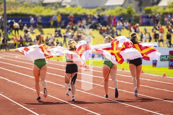 Picture by Sophie Rabey.  18-07-25.  ISLAND GAMES 2025 in Orkney.  Athletics - 4 x 400m Women - Amelia Hart, Darcey Hodgson, Emily Pike and Abi Galpin won Silver.