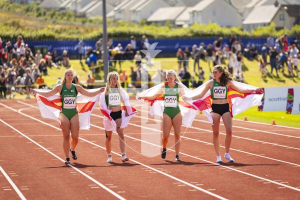 Picture by Sophie Rabey.  18-07-25.  ISLAND GAMES 2025 in Orkney.  Athletics - 4 x 400m Women - Amelia Hart, Darcey Hodgson, Emily Pike and Abi Galpin won Silver.