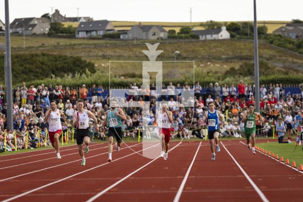 Picture by Sophie Rabey.  16-07-25.  ISLAND GAMES 2025 in Orkney.  
Athletics - 200m Men - Theo Le Tissier.