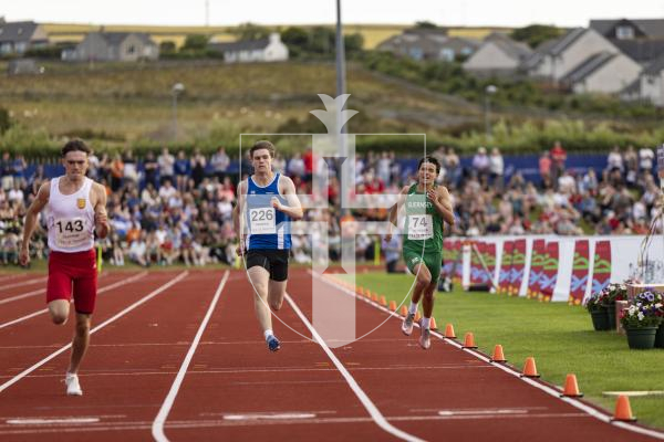Picture by Sophie Rabey.  16-07-25.  ISLAND GAMES 2025 in Orkney.  
Athletics - 200m Men - Theo Le Tissier.