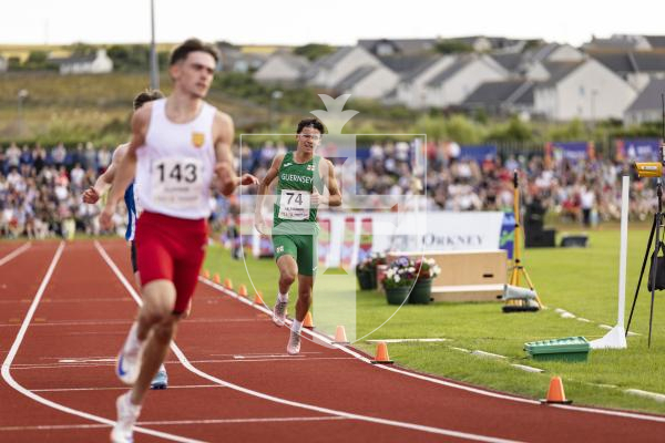 Picture by Sophie Rabey.  16-07-25.  ISLAND GAMES 2025 in Orkney.  
Athletics - 200m Men - Theo Le Tissier.