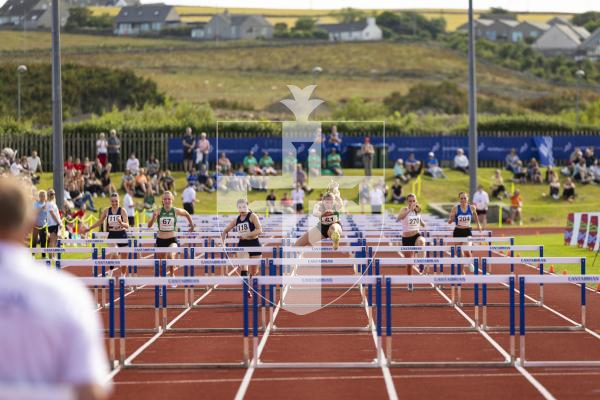 Picture by Sophie Rabey.  17-07-25.  ISLAND GAMES 2025 in Orkney.  
Athletics - Rhiannon Dowinton and Victoria Hancock won Gold and Bronze for Guernsey in the Women 100m Hurdles.