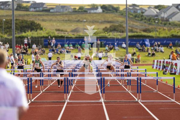 Picture by Sophie Rabey.  17-07-25.  ISLAND GAMES 2025 in Orkney.  
Athletics - Rhiannon Dowinton and Victoria Hancock won Gold and Bronze for Guernsey in the Women 100m Hurdles.