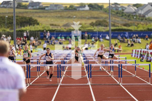 Picture by Sophie Rabey.  17-07-25.  ISLAND GAMES 2025 in Orkney.  
Athletics - Rhiannon Dowinton and Victoria Hancock won Gold and Bronze for Guernsey in the Women 100m Hurdles.