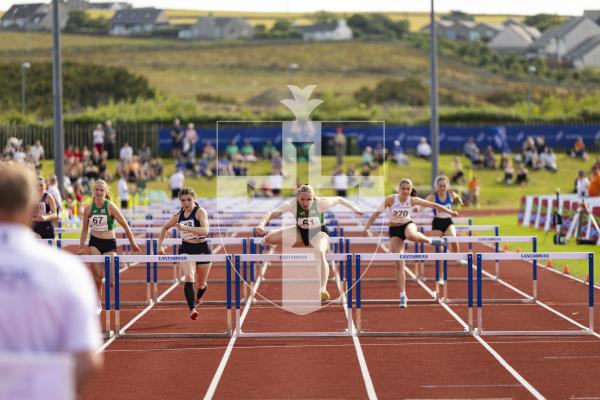 Picture by Sophie Rabey.  17-07-25.  ISLAND GAMES 2025 in Orkney.  
Athletics - Rhiannon Dowinton and Victoria Hancock won Gold and Bronze for Guernsey in the Women 100m Hurdles.