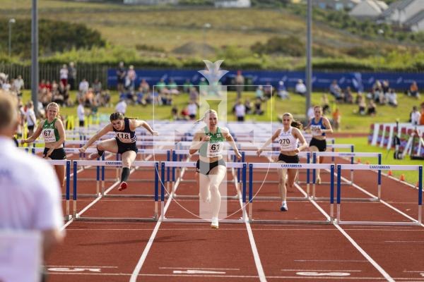 Picture by Sophie Rabey.  17-07-25.  ISLAND GAMES 2025 in Orkney.  
Athletics - Rhiannon Dowinton and Victoria Hancock won Gold and Bronze for Guernsey in the Women 100m Hurdles.