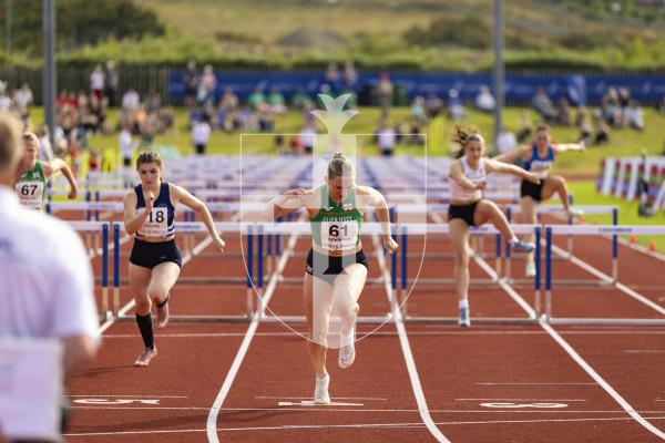 Picture by Sophie Rabey.  17-07-25.  ISLAND GAMES 2025 in Orkney.  
Athletics - Rhiannon Dowinton and Victoria Hancock won Gold and Bronze for Guernsey in the Women 100m Hurdles.