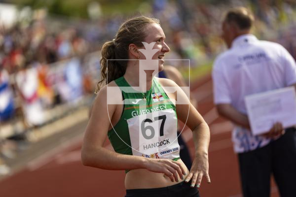 Picture by Sophie Rabey.  17-07-25.  ISLAND GAMES 2025 in Orkney.  
Athletics - Rhiannon Dowinton and Victoria Hancock won Gold and Bronze for Guernsey in the Women 100m Hurdles.