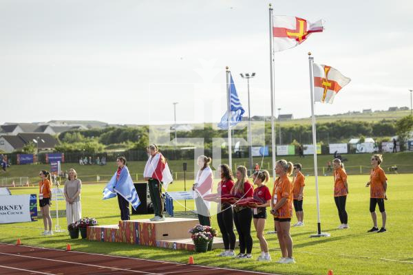Picture by Sophie Rabey.  17-07-25.  ISLAND GAMES 2025 in Orkney.  
Athletics - Rhiannon Dowinton and Victoria Hancock won Gold and Bronze for Guernsey in the Women 100m Hurdles.