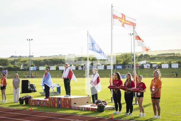 Picture by Sophie Rabey.  17-07-25.  ISLAND GAMES 2025 in Orkney.  
Athletics - Rhiannon Dowinton and Victoria Hancock won Gold and Bronze for Guernsey in the Women 100m Hurdles.