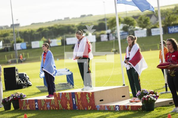 Picture by Sophie Rabey.  17-07-25.  ISLAND GAMES 2025 in Orkney.  
Athletics - Rhiannon Dowinton and Victoria Hancock won Gold and Bronze for Guernsey in the Women 100m Hurdles.
