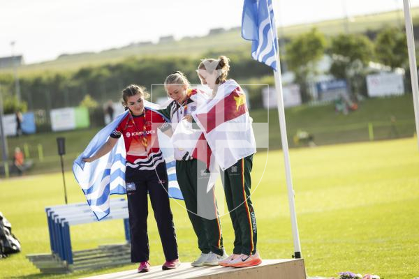 Picture by Sophie Rabey.  17-07-25.  ISLAND GAMES 2025 in Orkney.  
Athletics - Rhiannon Dowinton and Victoria Hancock won Gold and Bronze for Guernsey in the Women 100m Hurdles.
