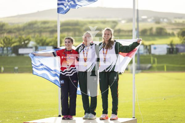 Picture by Sophie Rabey.  17-07-25.  ISLAND GAMES 2025 in Orkney.  
Athletics - Rhiannon Dowinton and Victoria Hancock won Gold and Bronze for Guernsey in the Women 100m Hurdles.