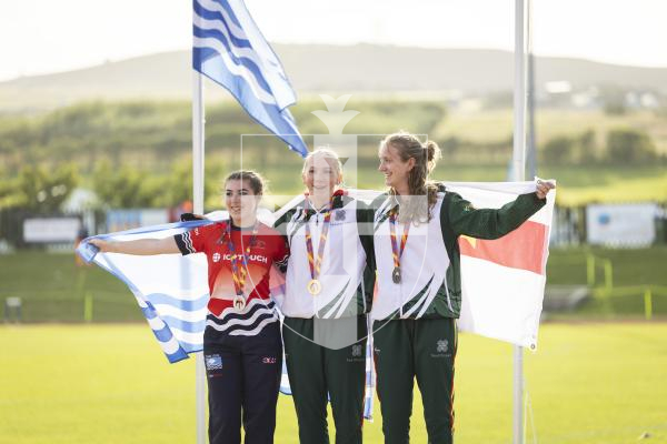 Picture by Sophie Rabey.  17-07-25.  ISLAND GAMES 2025 in Orkney.  
Athletics - Rhiannon Dowinton and Victoria Hancock won Gold and Bronze for Guernsey in the Women 100m Hurdles.