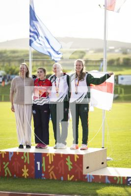 Picture by Sophie Rabey.  17-07-25.  ISLAND GAMES 2025 in Orkney.  
Athletics - Rhiannon Dowinton and Victoria Hancock won Gold and Bronze for Guernsey in the Women 100m Hurdles.