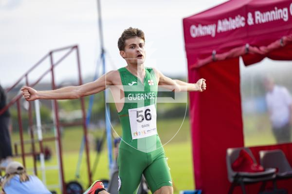 Picture by Sophie Rabey.  17-07-25.  ISLAND GAMES 2025 in Orkney.  
Athletics - Mens 5000m - Chris Bain took Gold for Guernsey.