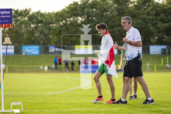 Picture by Sophie Rabey.  17-07-25.  ISLAND GAMES 2025 in Orkney.  
Athletics - Mens 5000m - Chris Bain took Gold for Guernsey.