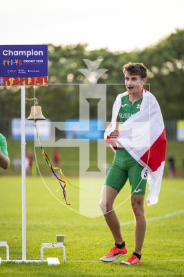 Picture by Sophie Rabey.  17-07-25.  ISLAND GAMES 2025 in Orkney.  
Athletics - Mens 5000m - Chris Bain took Gold for Guernsey.