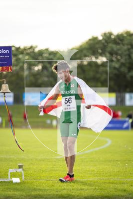 Picture by Sophie Rabey.  17-07-25.  ISLAND GAMES 2025 in Orkney.  
Athletics - Mens 5000m - Chris Bain took Gold for Guernsey.