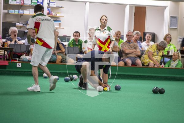 Picture by Luke Le Prevost. 13-07-23.
Island Games 2023 - Bowls at Hougue du Pommier. Open Pairs Final - Joshua Bonsall (left) and Bradley Le Noury v Rosemary Ogier (right) and Shirley Petit