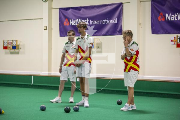 Picture by Luke Le Prevost. 13-07-23.
Island Games 2023 - Bowls at Hougue du Pommier. Open Pairs Final - Joshua Bonsall (left) and Bradley Le Noury (centre) v Rosemary Ogier and Shirley Petit (right)