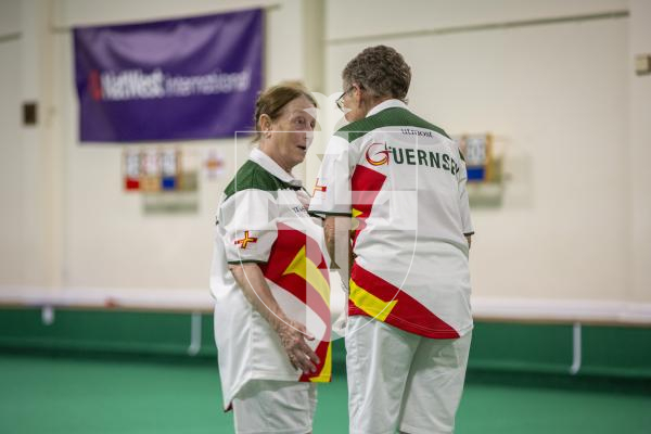 Picture by Luke Le Prevost. 13-07-23.
Island Games 2023 - Bowls at Hougue du Pommier. Open Pairs Final - Joshua Bonsall and Bradley Le Noury v Rosemary Ogier (left) and Shirley Petit (right)