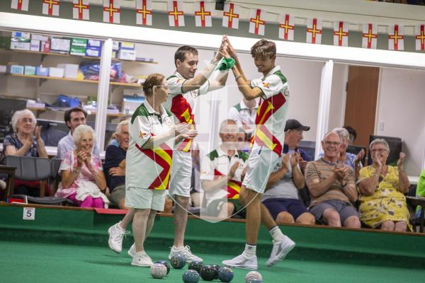 Picture by Luke Le Prevost. 13-07-23.
Island Games 2023 - Bowls at Hougue du Pommier. Open Pairs Final - Joshua Bonsall and Bradley Le Noury (high fiving each other) v Rosemary Ogier (left) and Shirley Petit