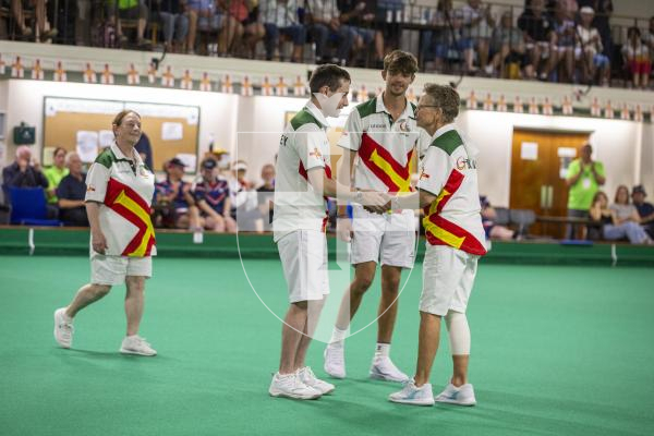 Picture by Luke Le Prevost. 13-07-23.
Island Games 2023 - Bowls at Hougue du Pommier. Open Pairs Final - Joshua Bonsall (second left) and Bradley Le Noury (second right) v Rosemary Ogier (far left) and Shirley Petit (far right)