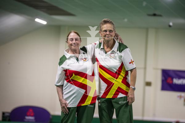 Picture by Luke Le Prevost. 13-07-23.
Island Games 2023 - Bowls at Hougue du Pommier. Medal Ceremony. Open Pairs Final. L-R Silver medalists Rosemary Ogier and Shirley Petit