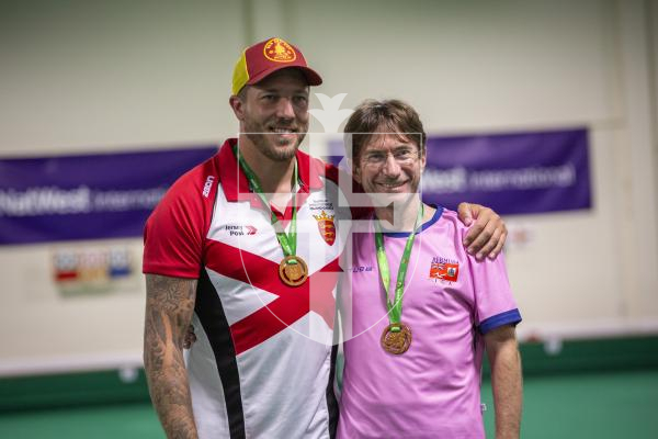 Picture by Luke Le Prevost. 13-07-23.
Island Games 2023 - Bowls at Hougue du Pommier. Medal Ceremony. Open Singles Final. L-R Bronze medalists Luke Le Sueur and David Leach