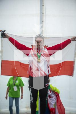 Picture by Luke Le Prevost. 14-07-23.
Island Games 2023 - Cycling Criterium Medal Ceremony at Crown Pier. Women's Individual. Gold medalist Olivia Lett (Gibraltar)