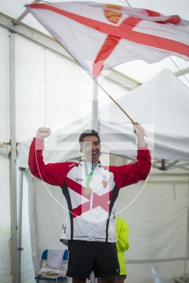 Picture by Luke Le Prevost. 14-07-23.
Island Games 2023 - Cycling Criterium Medal Ceremony at Crown Pier. Men's Individual. Bronze medalist John Pallot (Jersey)