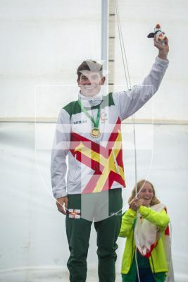 Picture by Luke Le Prevost. 14-07-23.
Island Games 2023 - Cycling Criterium Medal Ceremony at Crown Pier. Men's Individual. Gold medalist Sam Culverwell (Guernsey)